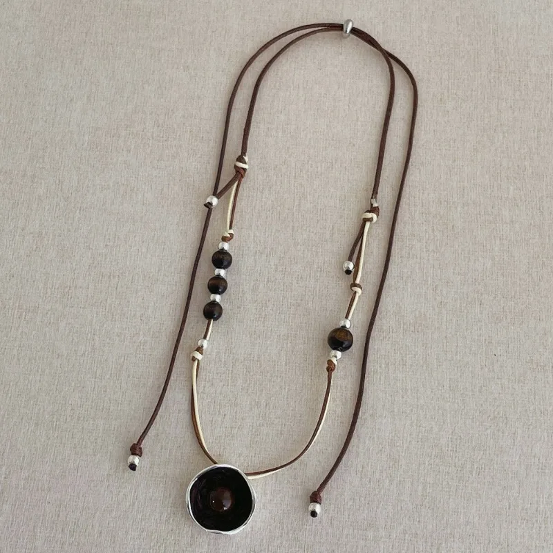 Double Layer Imitation Pearl Pendant Necklace with Adjustable Rope Chain