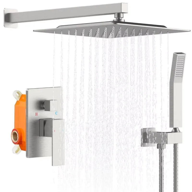 Wall-mounted 10-inch showerhead and handheld faucet combo with brushed nickel finish suitable for outdoor use