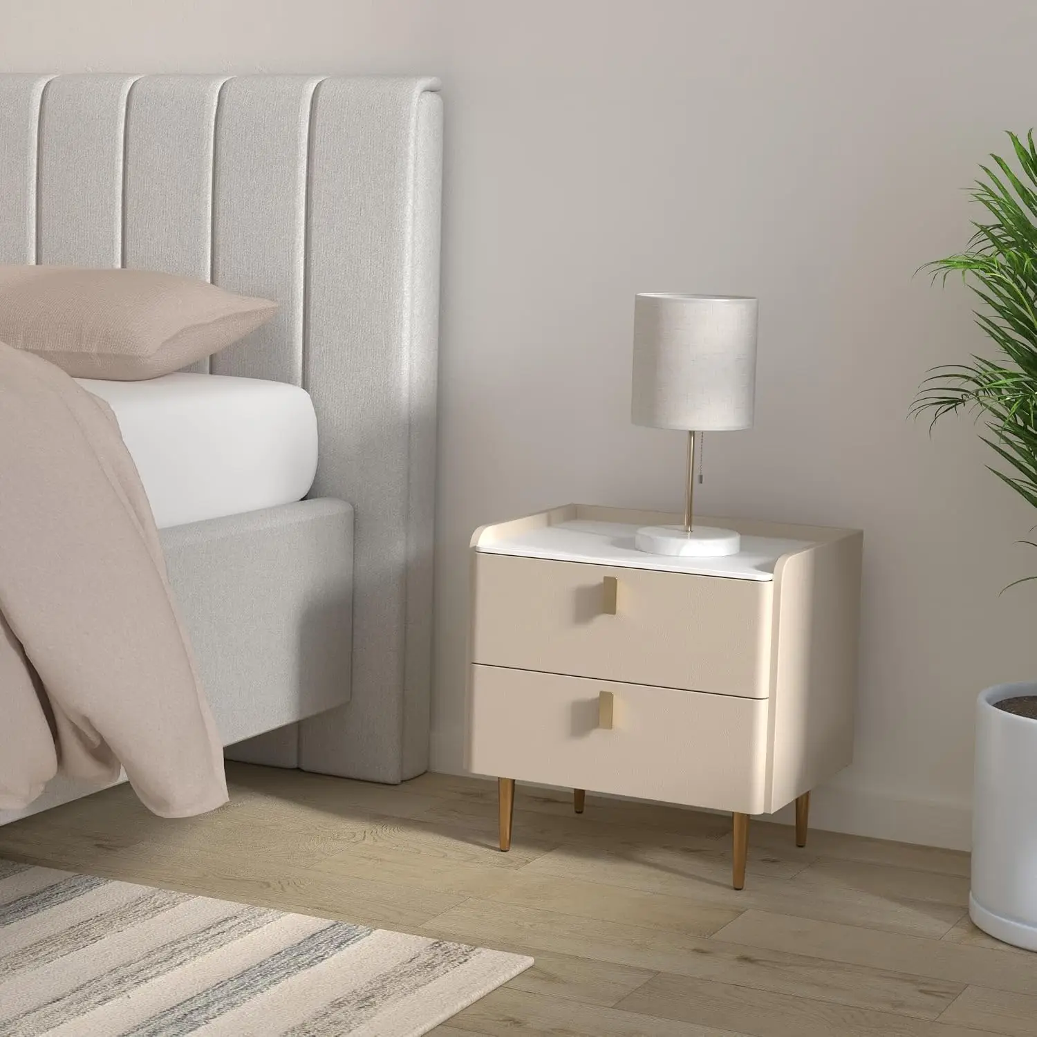 Modern Bedside Nightstand with Drawer, Stone Top & Wood Frame for Bedroom, 20