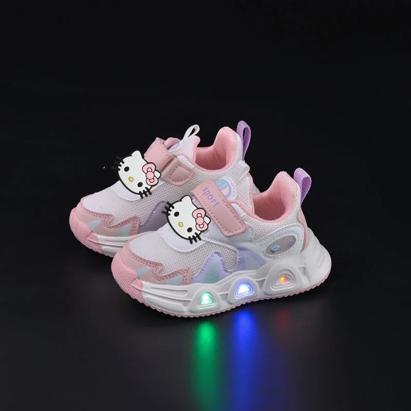 

Повседневная обувь Lights up hello kitty, детская обувь с двойной сеткой, обувь для мальчиков на мягкой подошве, обувь для малышей, нескользящие дышащие кроссовки для девочек