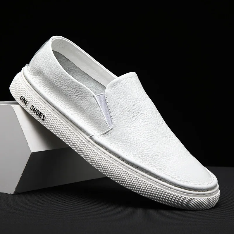 British Style Genuine Leather Men Casual Loafers Spring/Autumn Sewing Slip on Shoes Lazy Soft Sole Designer Flats White Black