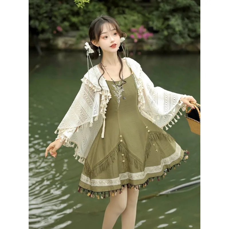 2024 Traditional Chinese Green Lolita Dress with White Tassel Shawl Women Summer Sweet Fairy Party Victorian Dresses Tea Party