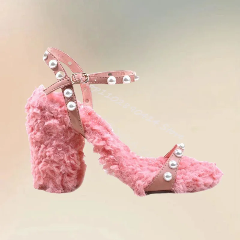 

Pearl Decor Pink Lamb Wool Open Toe Sandals Buckle Strap Women Shoes Chunky High Heels Party Banquet 2024 Zapatos Para Mujere