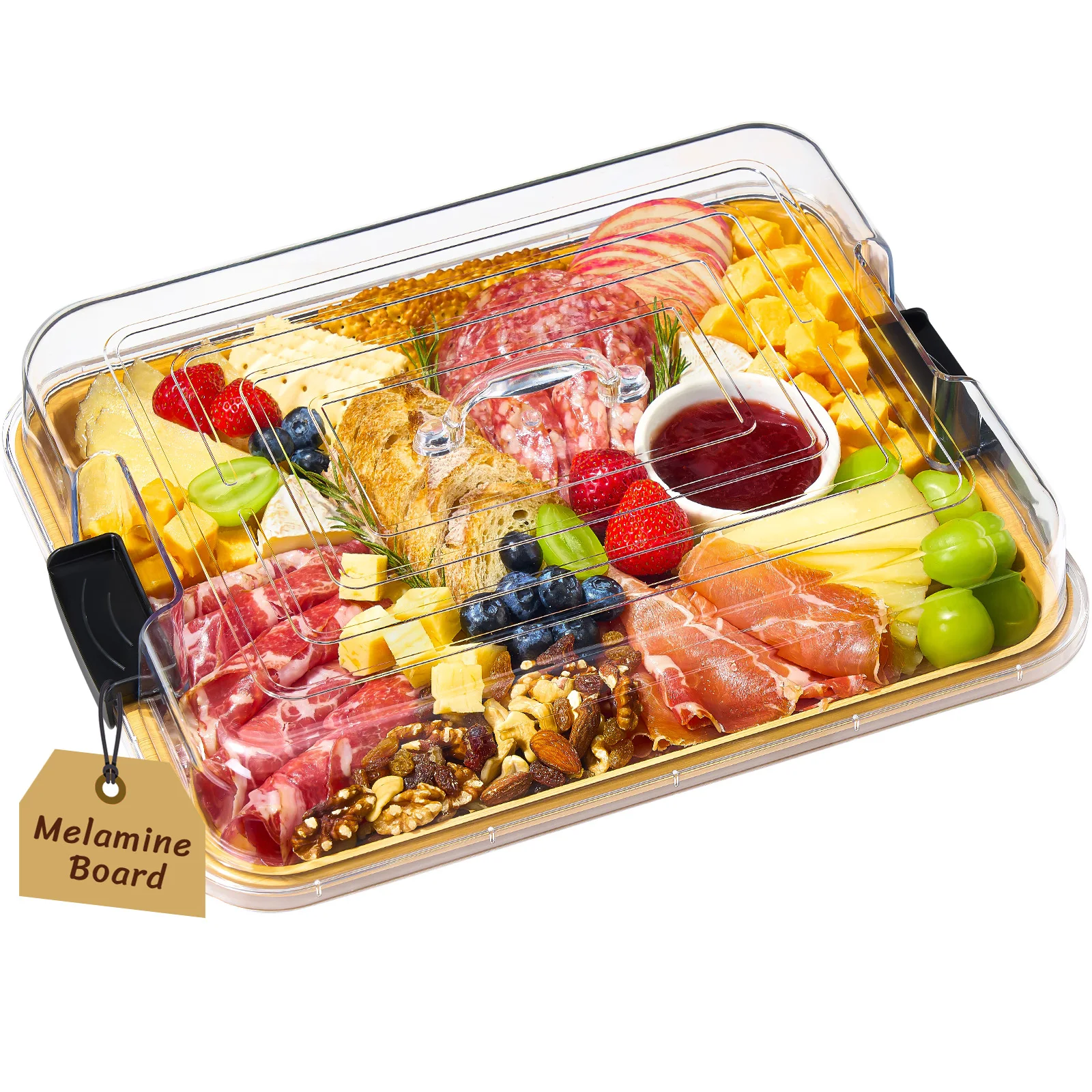 

1 Compartment Melamine Charcuterie Board, 11 x 14 Inch Portable Cheese Board with Plastic Lockable Clear Lid for Snacks