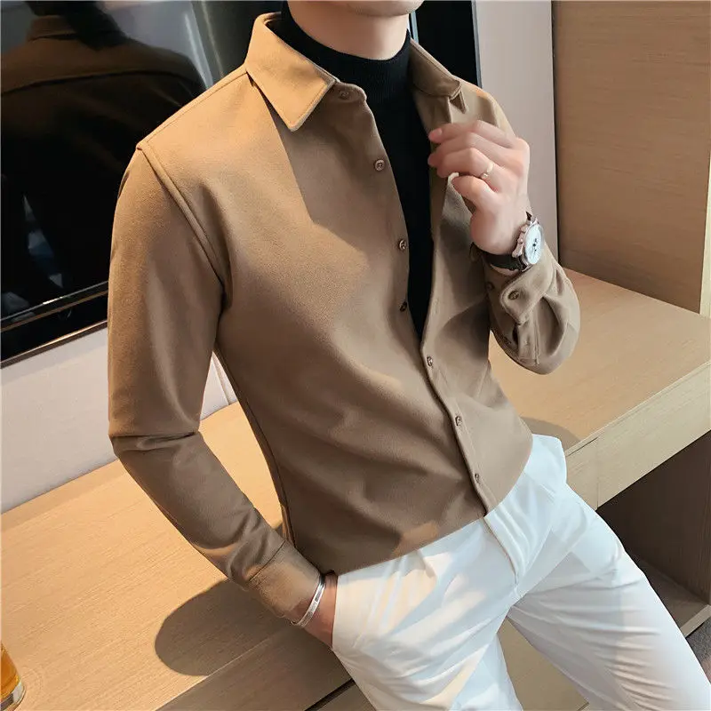 Autumn Spring Korean Fashion Fake Two Pieces Chic Blouse Man Business Casual Street Male Shirt Loose Solid Color Clothes Top Men