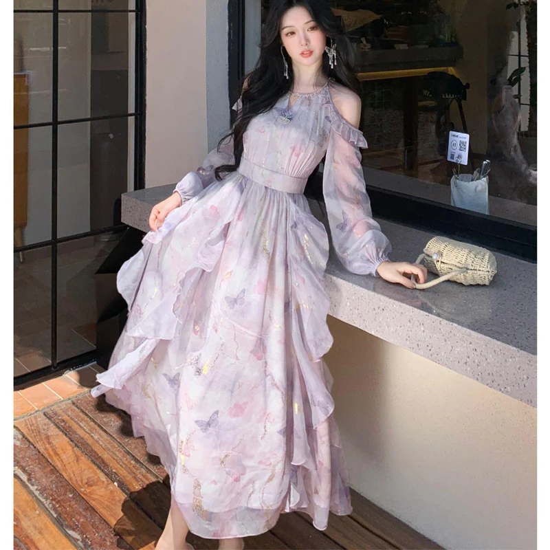 

Sweet Off shoulder Irregular Ruffle Dress Long Sleeve Butterfly Print Hot Stamping Party Dress Slim Women Dress