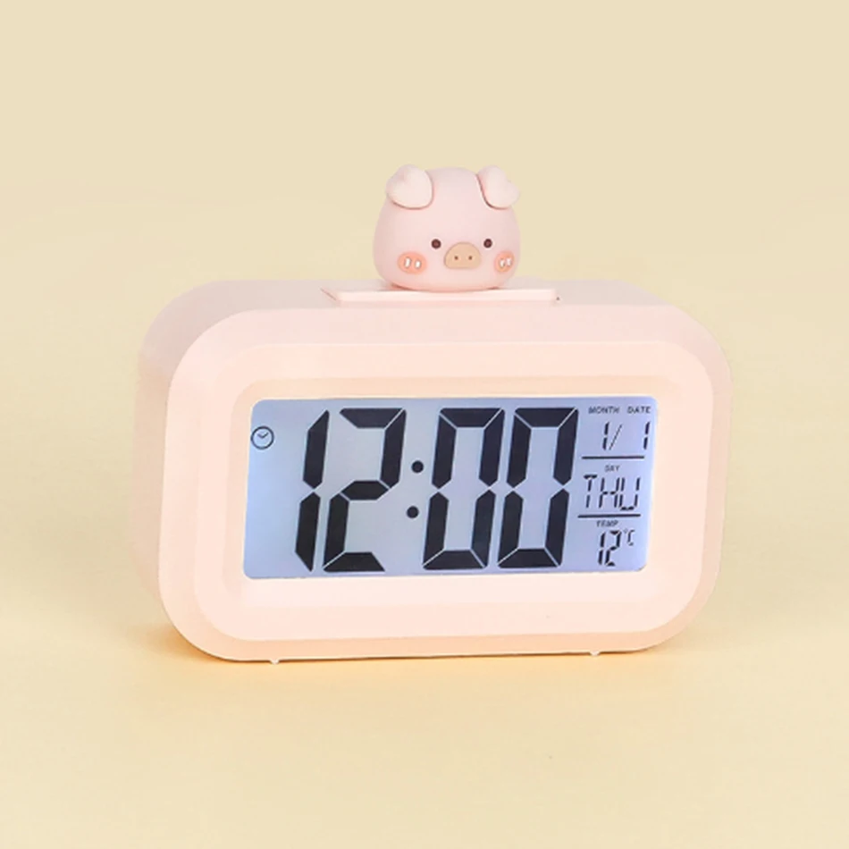 Kawaii LED Digital Clock Cute Rome Decor Cartoon Pig Alarm Clock with Night Light Room Cute Watch Bedroom Bedside Ornaments