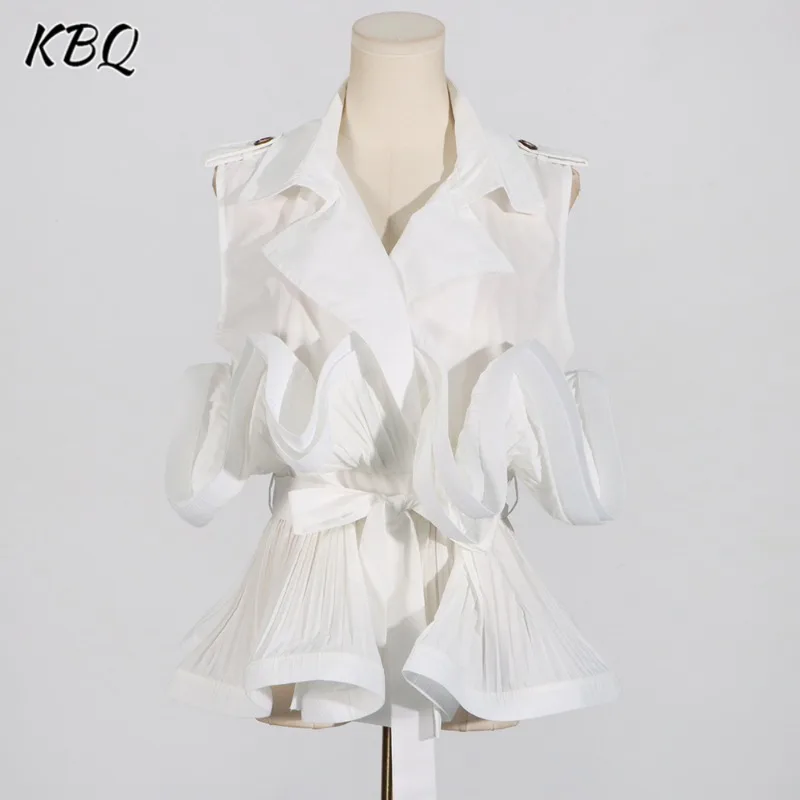 KBQ Vintege Solid Designer Spliced Lace Up Shirt For Women Lapel Sleeveless Spliced Ruffles Temperament Blouses Female Fashion