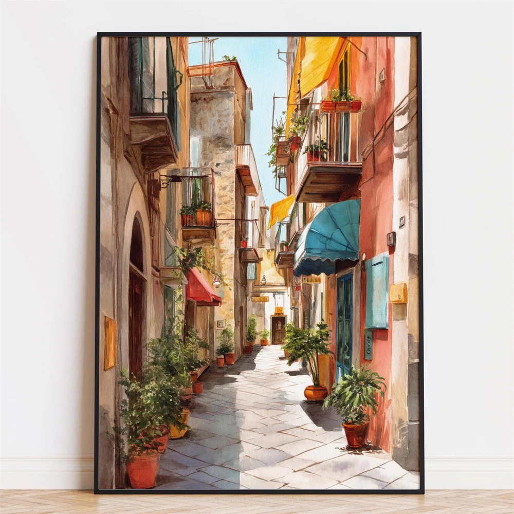 Rustic Mediterranean Street Print Vintage Sunlit Roman Lane Poster Cozy Warm Cobblestones Textured Wall Art Canvas Painting