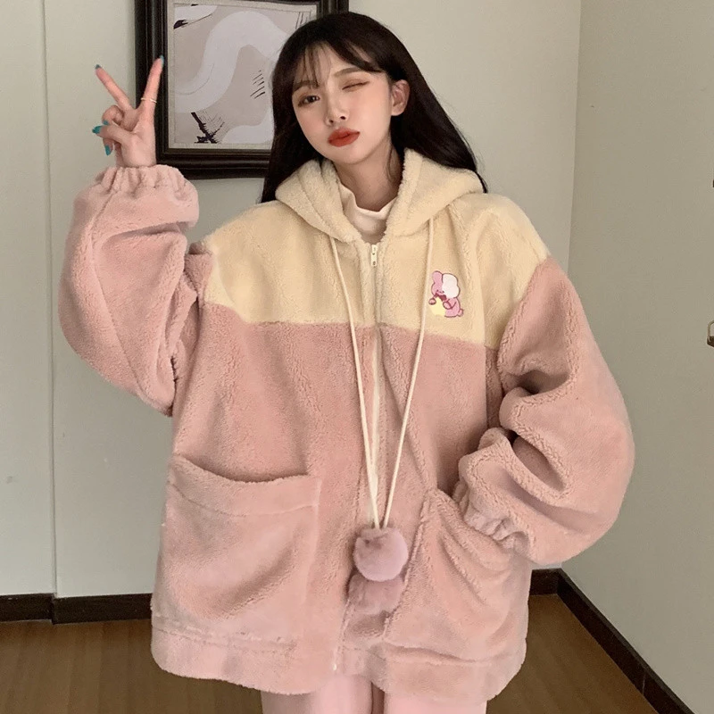 

Autumn And Winter New Hooded Sweater With Thickened Lamb Plush And Plush Spliced Sweater Women's Korean Zipper Sweater