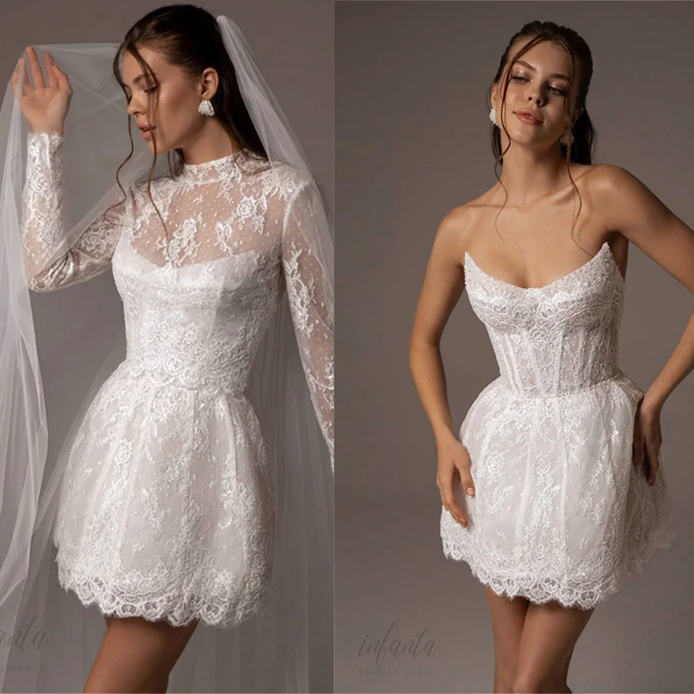 

Charming Scoop Neckline Full Lace Short/Mini Wedding Dresses With Long Sleeves Jacket Custom Made 2026 Rode De Morrie