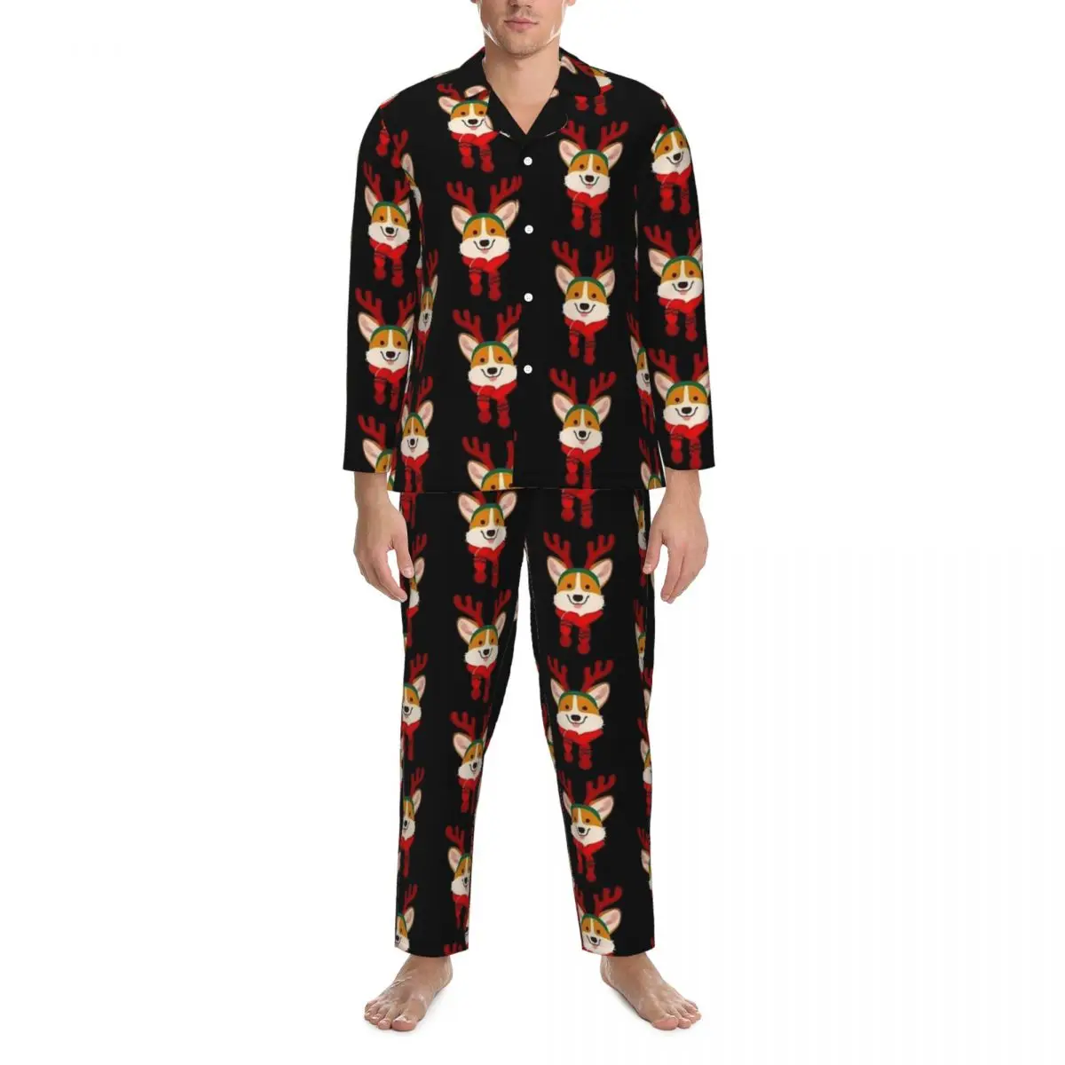 

CORGI REINDEER CHRISTMAS Pajamas Men Fashion Leisure Sleepwear Autumn 2 Piece Casual Oversize Custom Pajama Sets