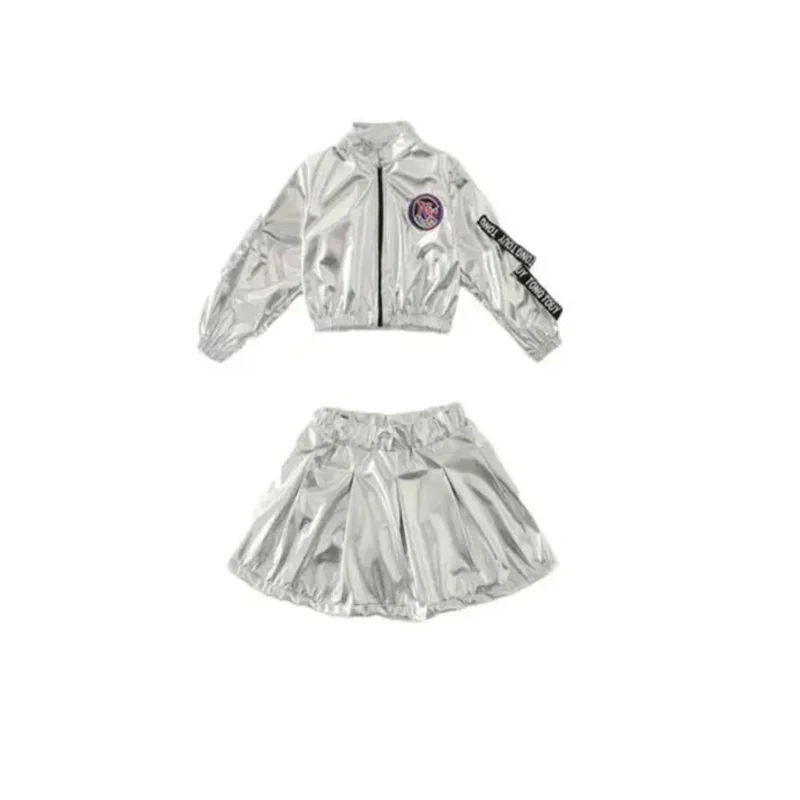 1Set/Lot Boy Girl Hip-Hop Set Silver Color Children Performance Jazz Clothes Dance Costume MN4