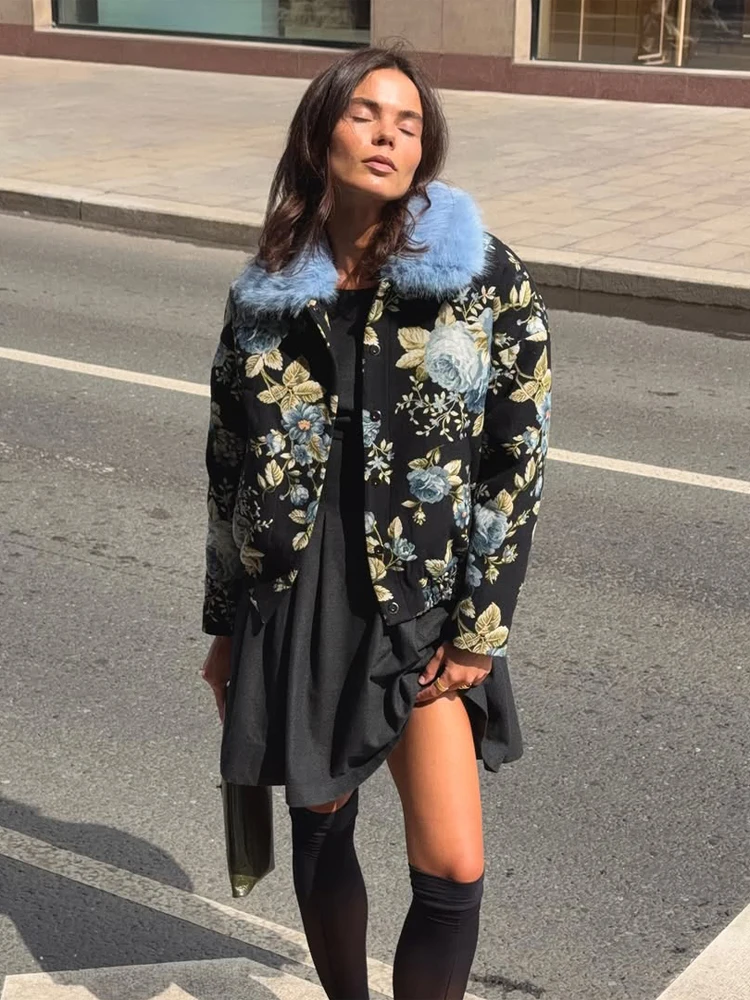 Women Chic Black Floral Faux Fur Collar Jacket Button Down Long Sleeve Loose Fit Soft Spring Autumn Street Daily Fashion Coats