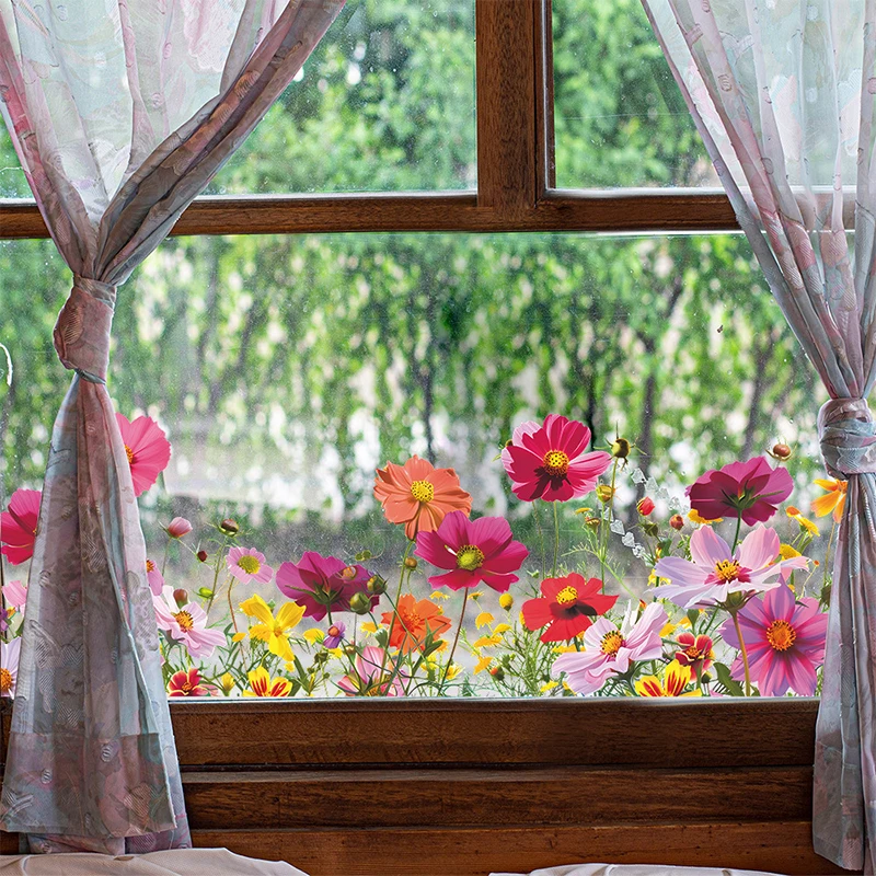 Beautiful Colorful Flowers Wall Stickers Glass Windows Decor Mural Room Window Home Decoration Self-adhesive Decals