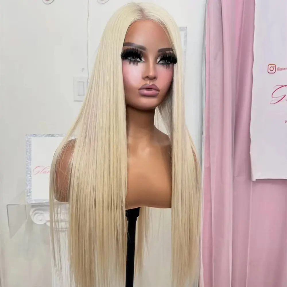 Light Blonde Synthetic HD Lace Front Wig Mixed Human Hair Heat Resistant Fiber Wig Party Cosplay Preplucked Hairline 28 Inches