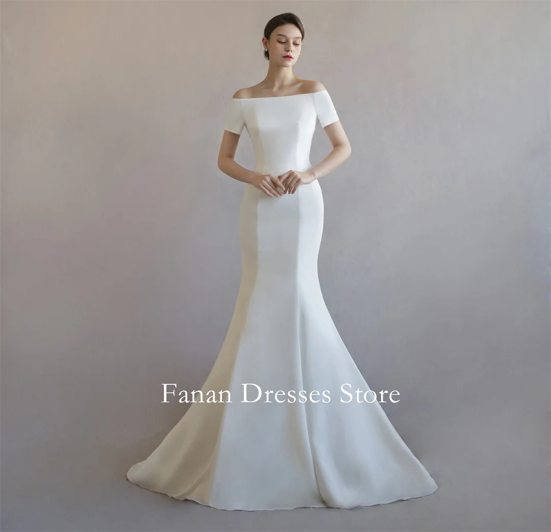 

FANAN Korea Off Shoulder Satin Elegant Wedding Dresses 웨딩드레스 Corset Mermaid Ivory Customized Pretty Bride Gowns Plus Size