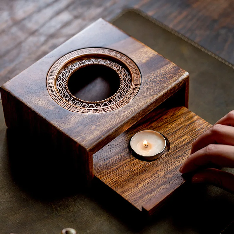 Walnut Wood Tea Warmer Base, Candle-Powered Tea Heater Stove for Open Flame Brewing, Hotel & Home Tea Oven