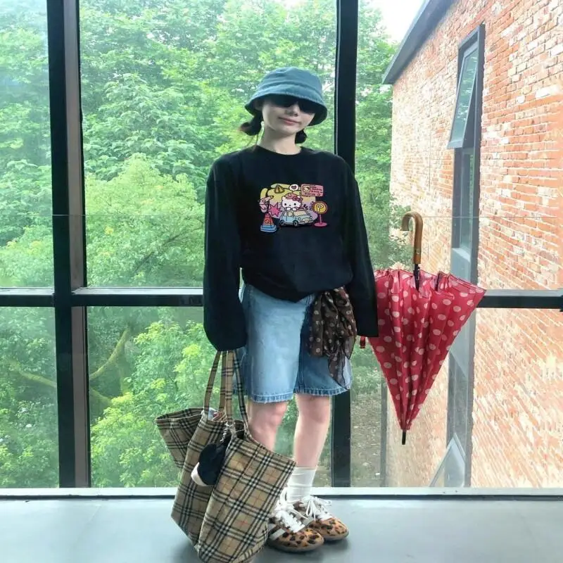 

Футболка Sanrio American Retro Kitty с длинным рукавом, хлопковая, женская, осенняя, повседневная, свободного кроя, в стиле «ленивый шик», новая, для студентов