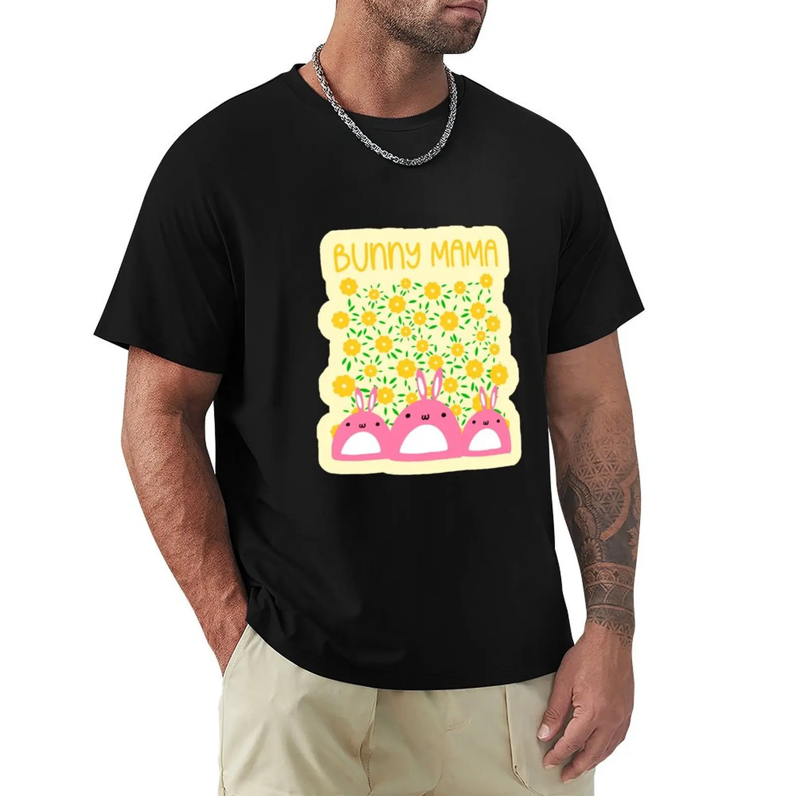Bunny Mama Kawaii Pink Rabbits and Daisies T-Shirt Plus Size Summer Casual T-Shirt