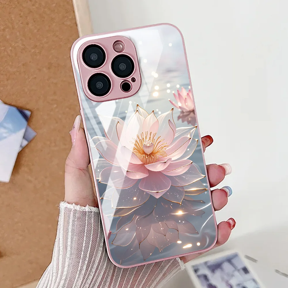 Lotus Flower Phone Case For iPhone 16 Pro Case iPhone 17 14 13 11 12 15 Pro Max Air 16E XR XS 8 7 Plus SE Tempered Glass Cover 