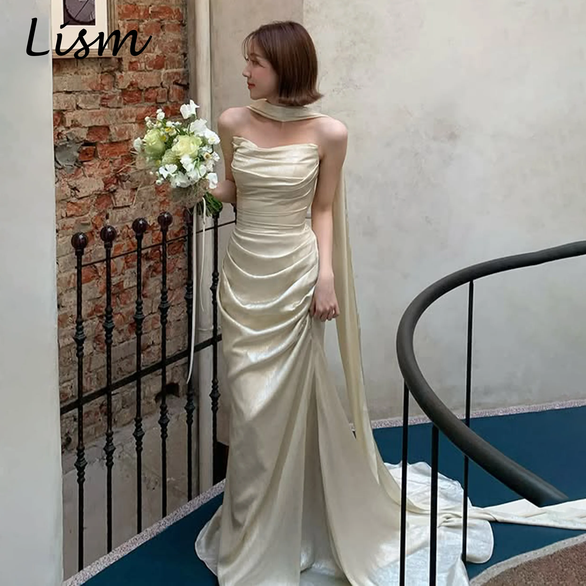 Lism Graceful A-line Sweep Train Wedding Dresses Sleeveless Strapless Side High Slit Korea Wedding Dress Photo Shoot Customied