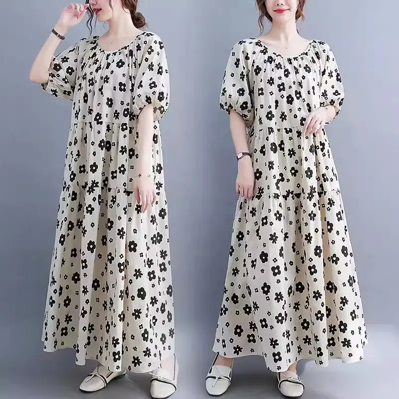 

Large Size Short Sleeve Dress Summer Women's Clothing Artistic Flower Print Loose Casual Lantern Sleeves Temperament Dress K686