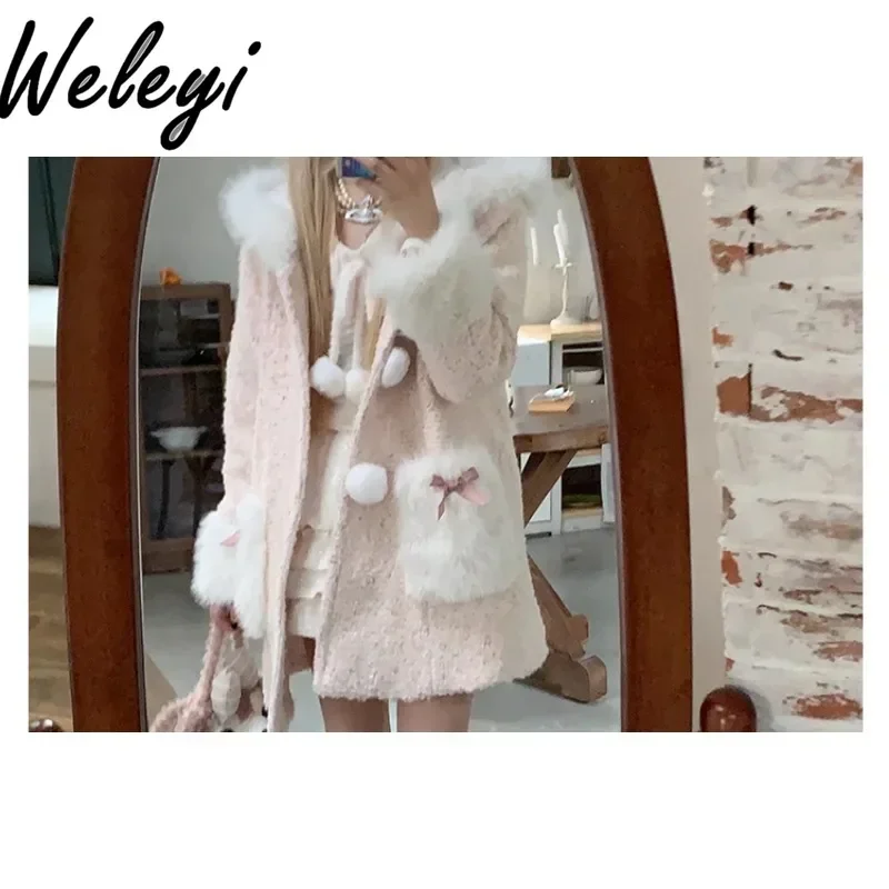 Sweet and Gentle Pink Hooded Coats and Jackets Women 2024 Autumn and Winter Cute Versatile Long Sleeved Loose Plush Woolen Coat