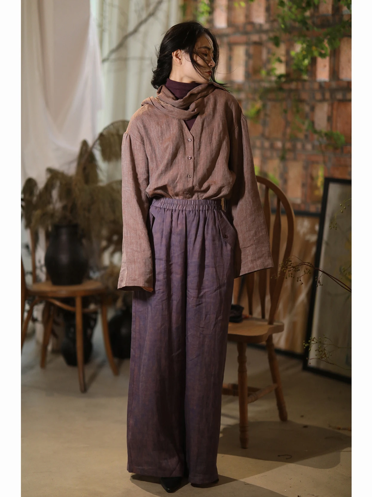 

Evening Mountain Purple Double Layer Handmade Dyed Plant 00% Flax Casual Wide Leg Pants Long Trousers Autumn High Waist