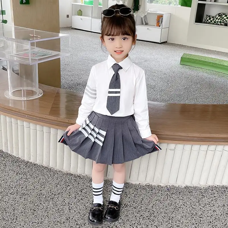 

2pcs 2025 autumn winter Girls JK SUIT Clothes teenager tie long sleeve shirt top + pleated skirt uniform 5 6 7 8 9 10 11 12 year