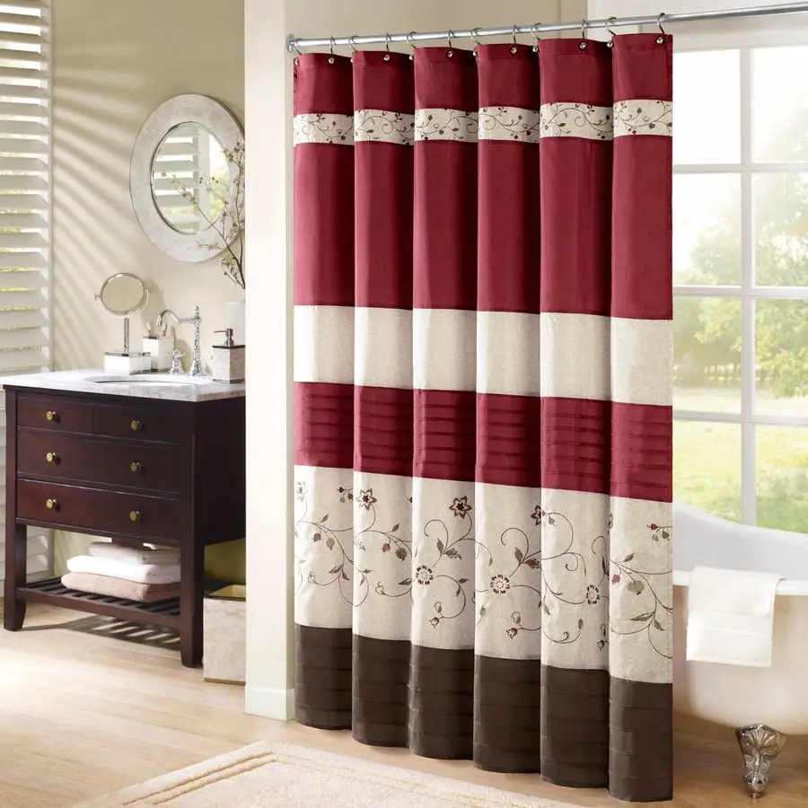 

Serene Flora Fabric Shower Curtain, mbroidered Transitional Shower Curtains for Bathroom, 72 x 72, Red