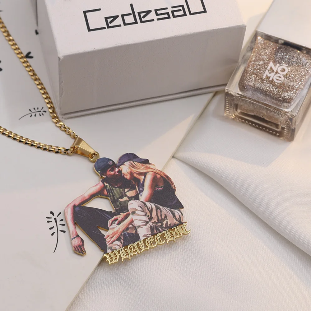 Stainless Custom Photo Necklace with Color Picture Nameplate Pendant Necklace Personalized Memory Jewelry for Family Gift Collar
