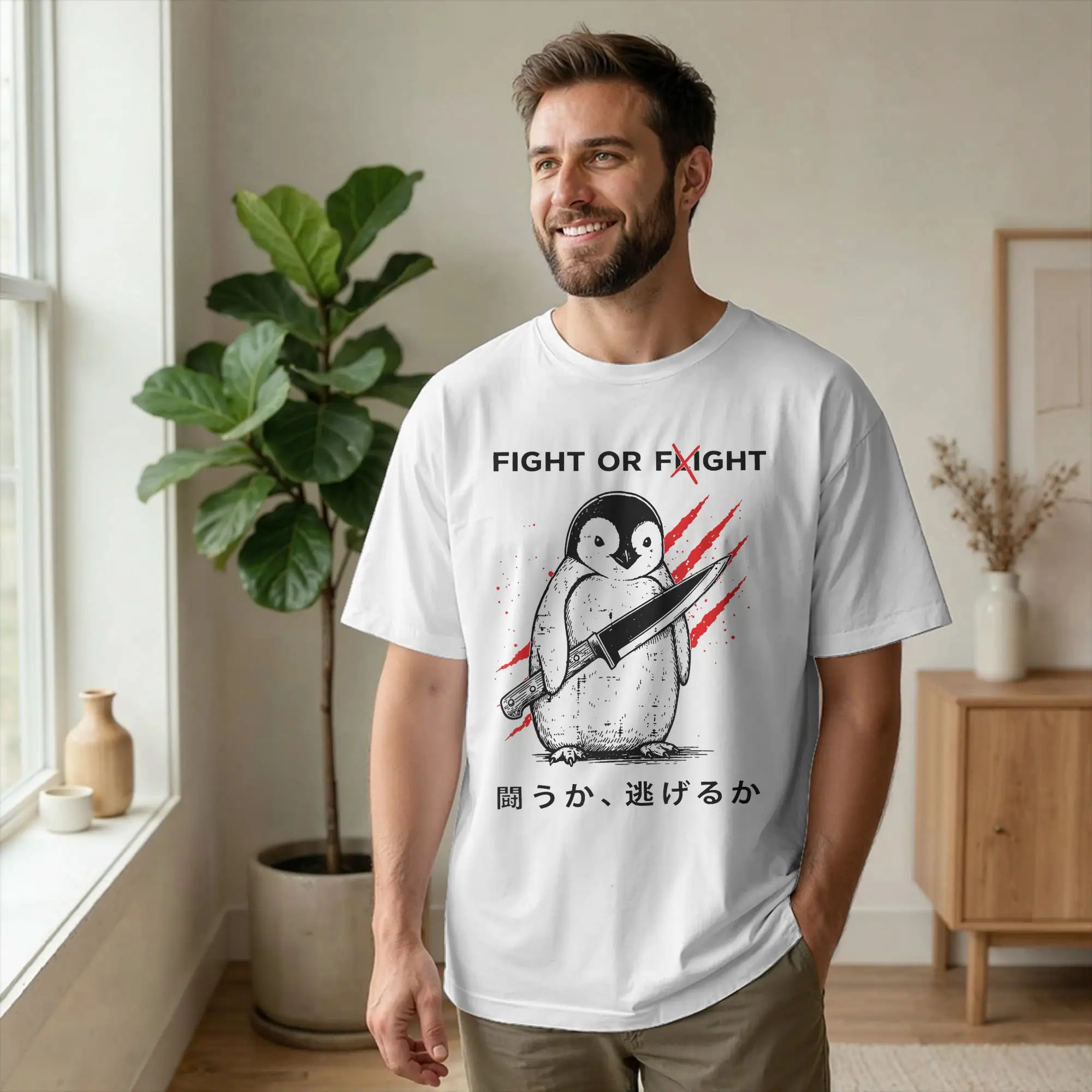 Fight Or Flight Penguin Dark Humor T Shirts Men Pure Cotton Fashion Male T-Shirts O Neck Meme Quote Tee Shirt Short Sleeve Tops