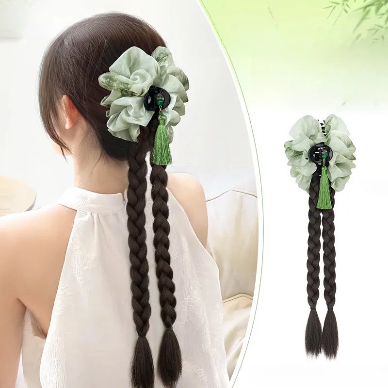

New Chinese Simulated Hair Synthetic Ponytail Twisted Braid Clip-On Long Ponytail with Watercolor Tassel Hanfu Fashion Accessory