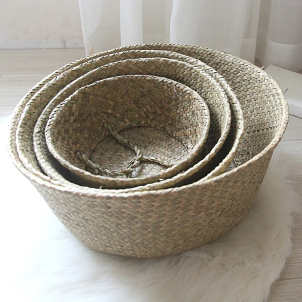 

Seaweed Rattan Storage Basket Handmade Size M Nordic Style Dual Handle Foldable Wicker Flower Plant Basket Home Garden