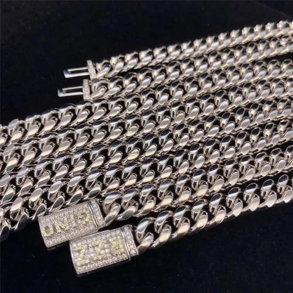 

Moissanite Lock Cuban Link Chain Hip Hop Necklace 8mm Width Gold Miami Cuban Chain Shine Stainless Steel 925 Silver Cuban Chain