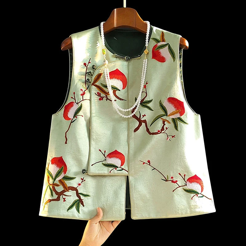 

Embroidered Satin Silk Vest Women's Round Neck Ethnic Style Embroidery Sleeveless Top Chinese National Top