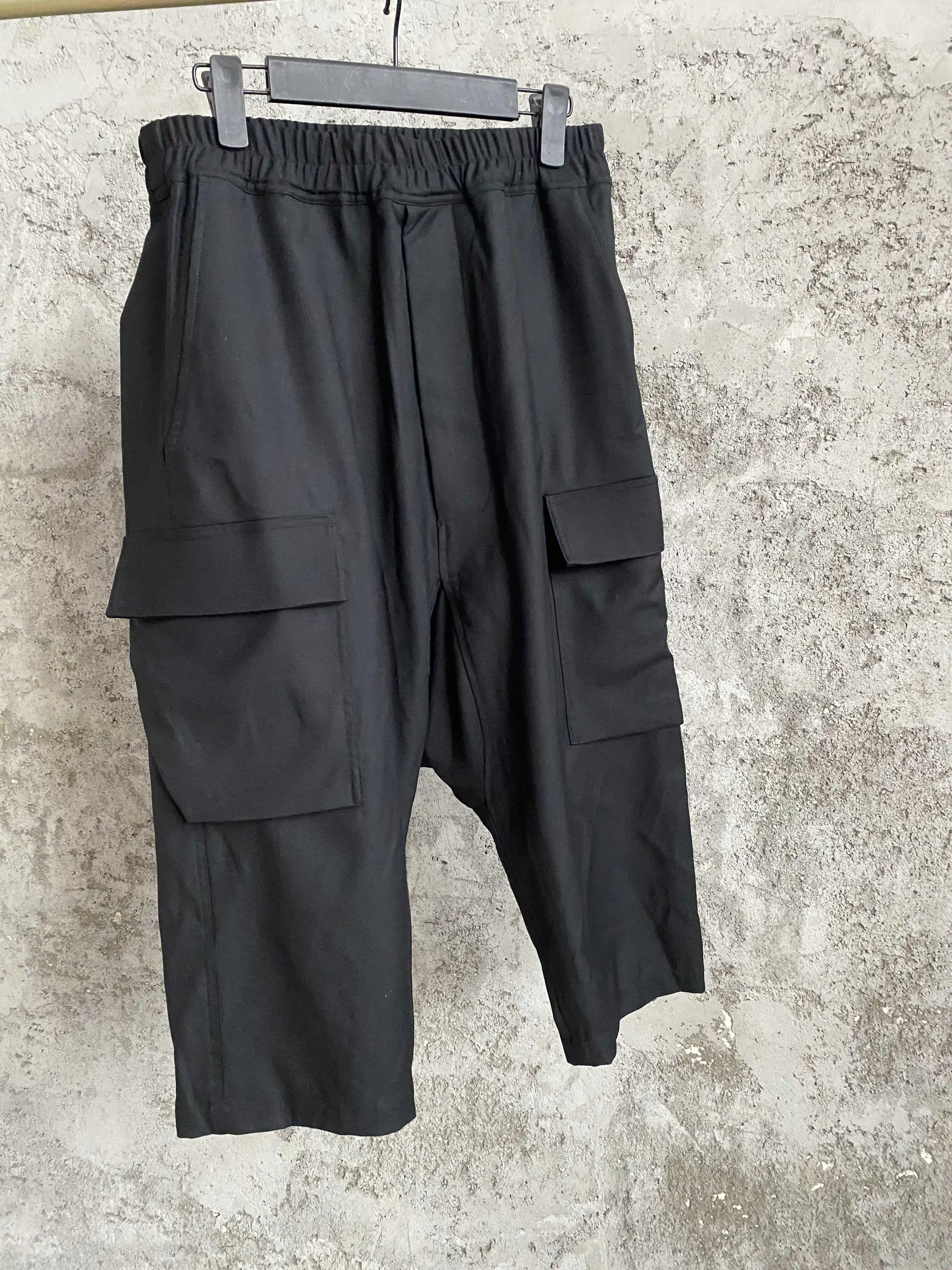 TOP-YAMAMOTO black straight-leg cargo pants, large pocket wool trousers, wide-leg drape loose casual pants