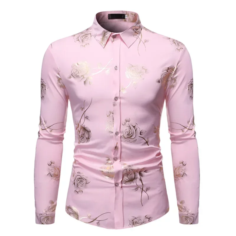 Mens Black Long Sleeve Hot Stamping Shirt Spring Fashion Casual Floral Shirt Male Button Shirt Men Oversized Social Boys Tops