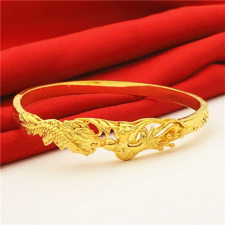 Mencheese-pulsera de oro de arena de Vietnam chapada en cobre, moneda europea, dragón y Fénix, pavo real, pulsera de boda dorada