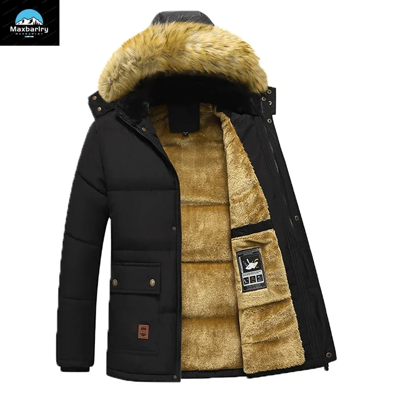 Parka masculina impermeável com capuz de pele, parkas de lã grossa, casaco casual, casaco quente de inverno, moda outono, nova