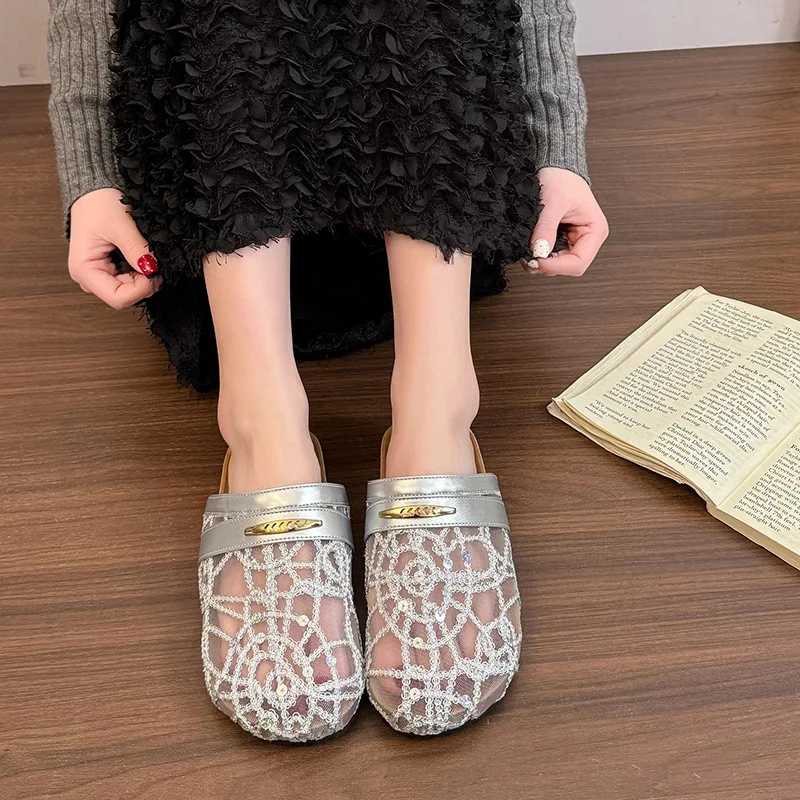 Novo verão sapatos femininos moda chinelos de prata lantejoulas mules senhoras casuais sapatos planos respirável sapatos caminhada tênis feminino