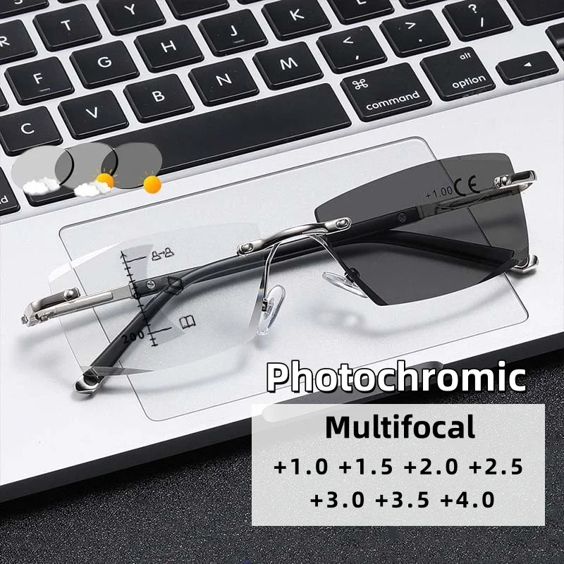 

High Definition Men's Business Photochromic Multifocal Reading Glasses Blue Light Blocking Eye Protection Diopter To +4.0