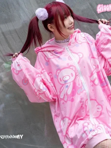 

Subculture Sweet Cool Chboard Violent Bear Hooded Jaet American Retro fiti Loose Open Cardigan Sweatirt