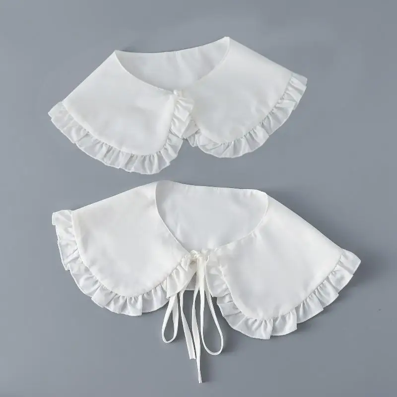 White Shawl Doll False Collar Women Girls Ruffled Trim Detachable Half Shirt Lapel Blouse Lace Up
