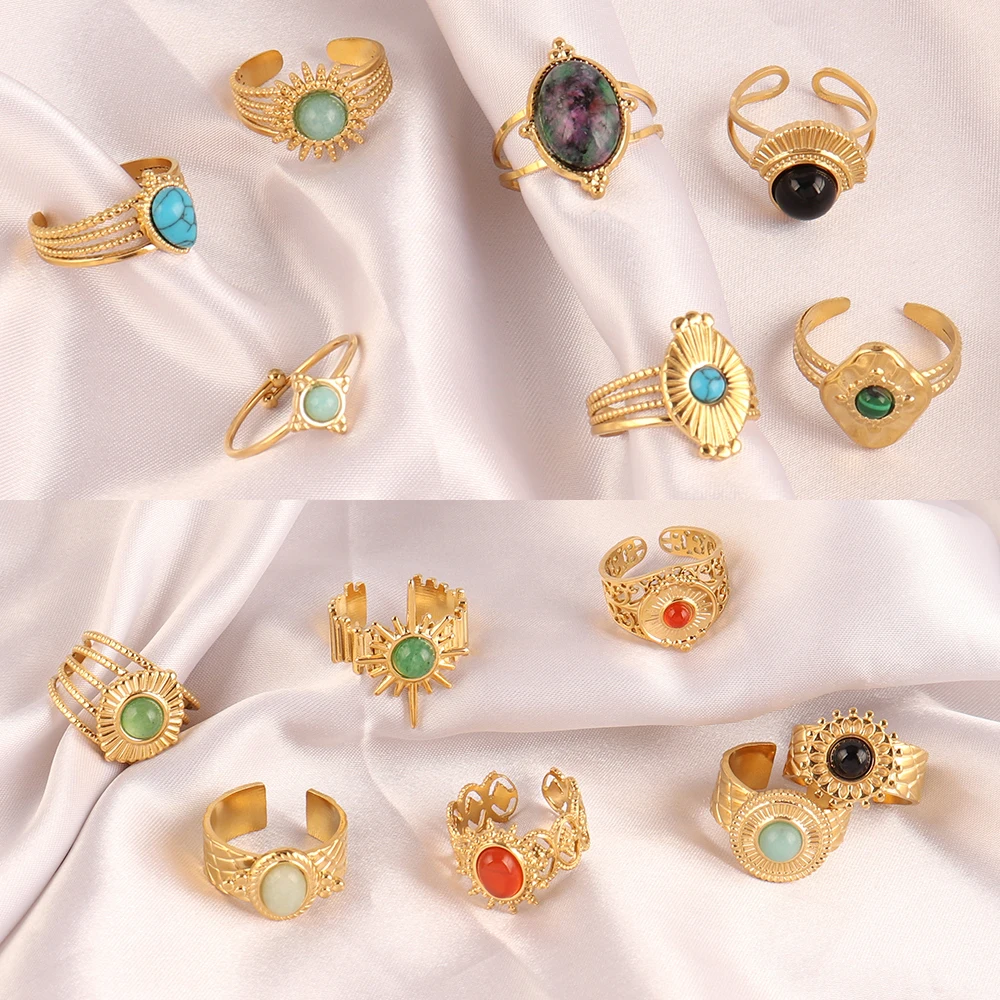Vintage Geometry Colorful Stone Natural Ring Stainless Steel Ring Turquoise Charms Wide Chain Open Rings For Women Ring Jewelry