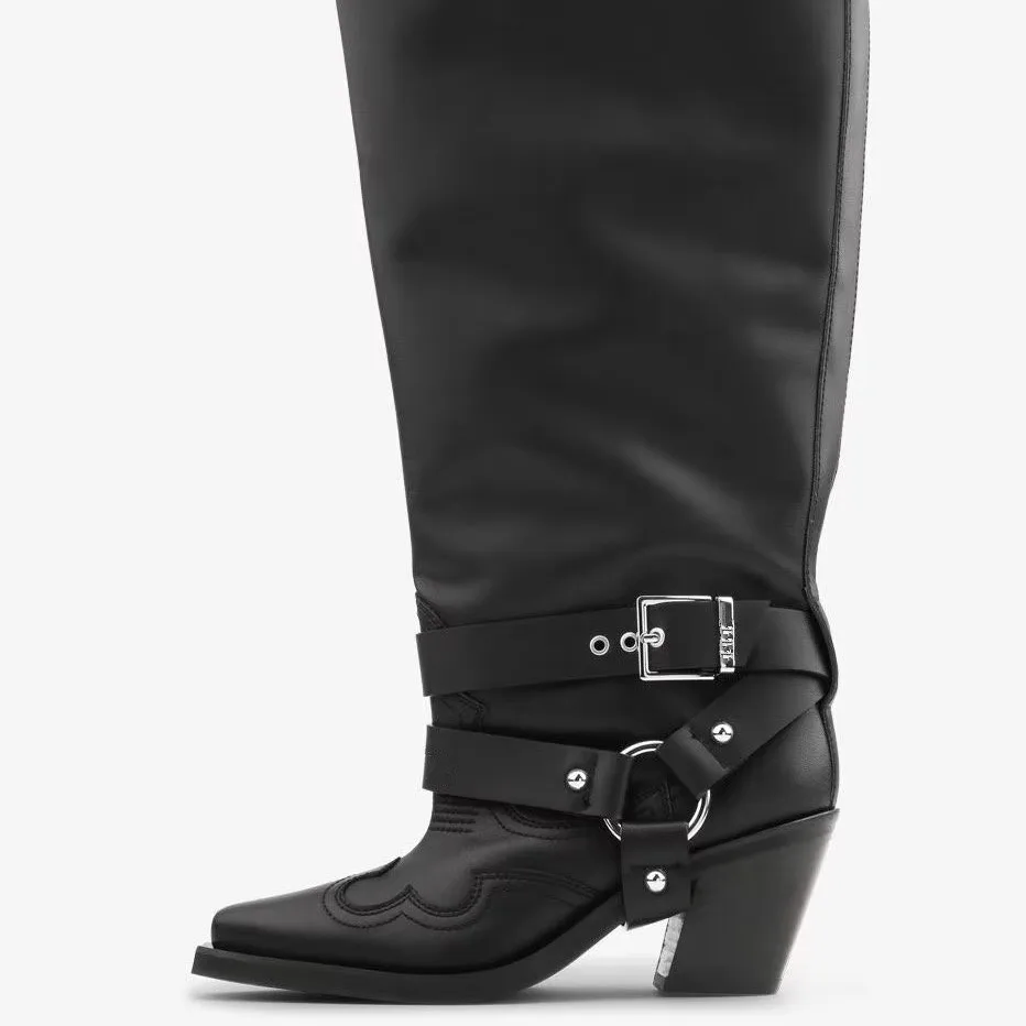 المرأة جلد أسود الركبة عالية أحذية رعاة البقر مشبك حزام التفاصيل أشار تو كتلة كعب النمط الغربي أحذية الموضة الطرف #4