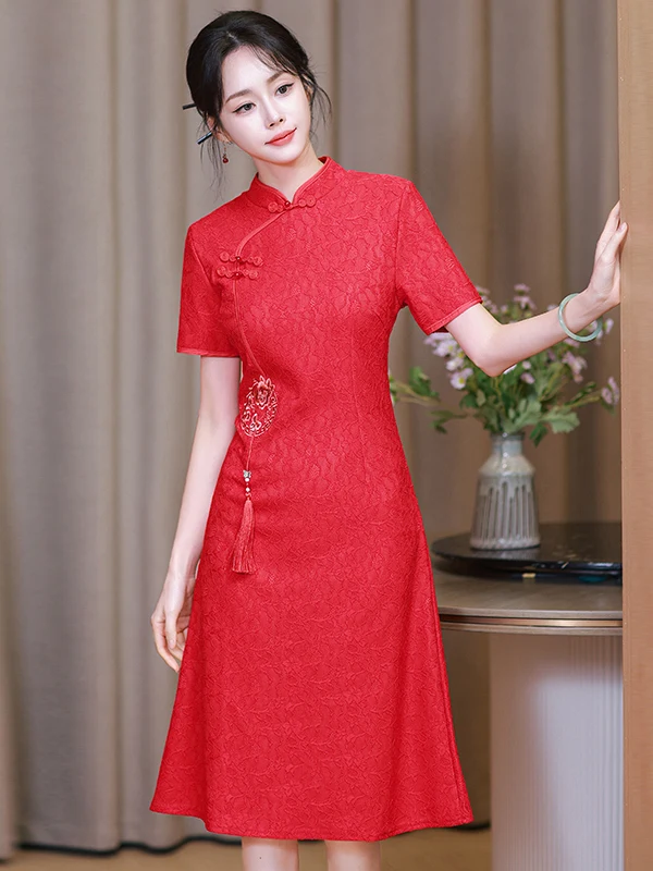 ชุดเดรสลูกไม้สีแดงหรือชุดกี่เพ้า Dr สำหรับผู้หญิง ชุดเจ้าสาวกลับบ้าน ชุดบริการ ไซส์พลัส กระโปรงยาวปานกลาง สไตล์วินเทจ ชุดเดรส Dr