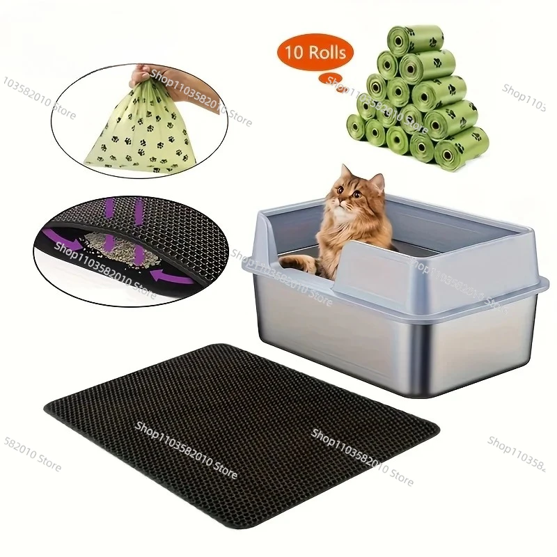 Enclosed Stainless Steel Cat Litter Box for Large Cats - Open Box with Litter Pad & Scoop