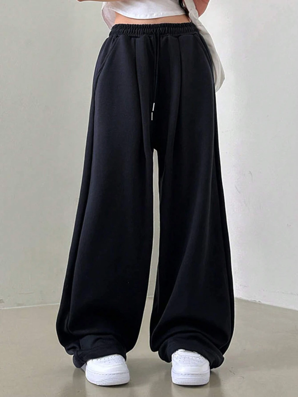 Calça de moletom feminina de cor sólida com cordão solto ajuste de lã calças de jogging femininas calças femininas y2k